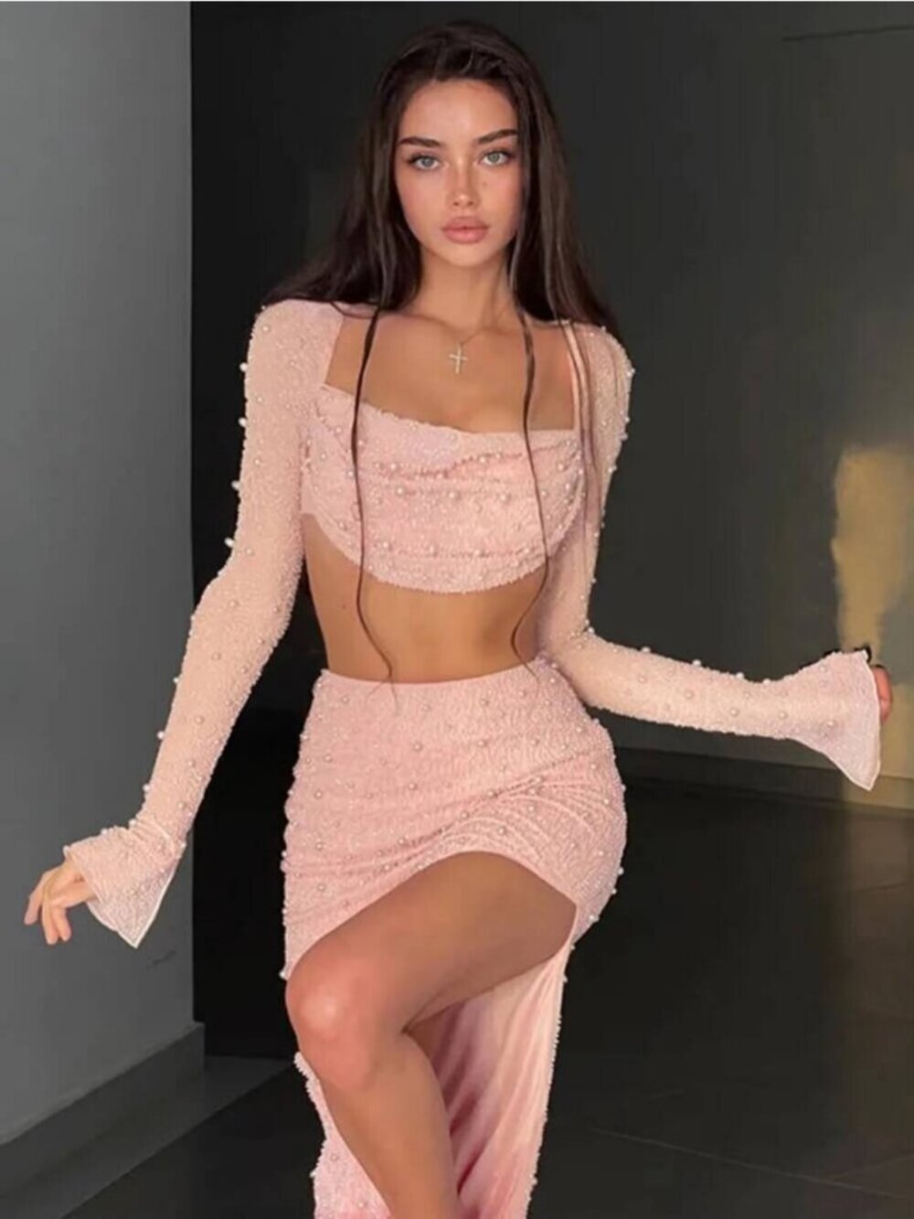 NWT OH POLLY La Desirade Embellished Cowl Neck Crop Top in Size 2 Blush